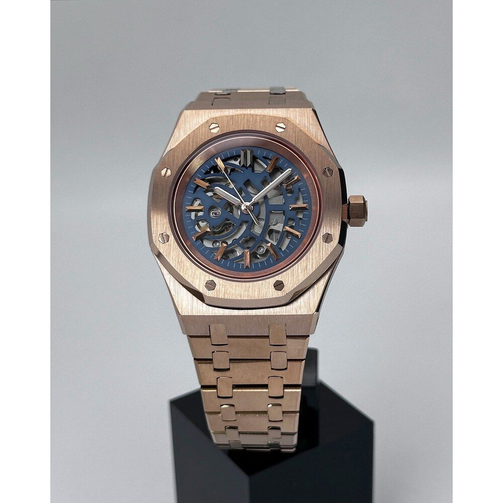  Custom Seiko Mod • Navy Skeleton Rose Gold AP No Logo • 42mm